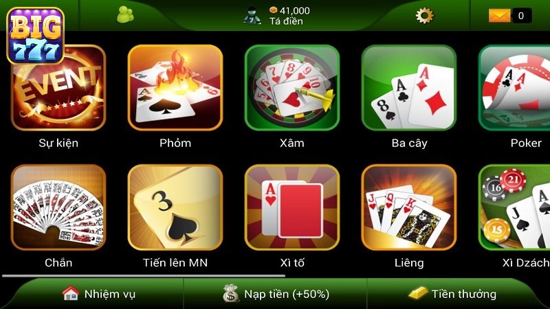 Sảnh game bài BIG777 mang đến nhiều sản phẩm hấp dẫn